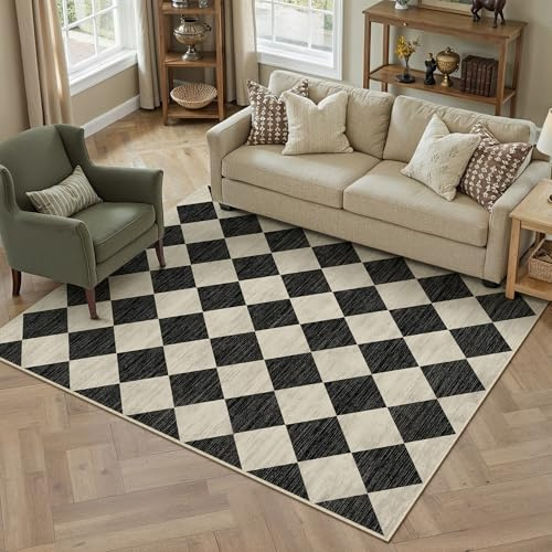 Purecozy Vardagsrumsmatta 140 x 200 cm svart halkfri maskintvättbar stor matta modern geometrisk rutmönster mattor sovrum lounge barnrum kortluggiga mattor