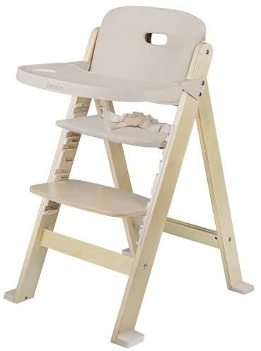 LIONELO Floris Växande Barnmatstol 3-i-1 i Björkträ – Hög och Justerbar Stol från 6 månader upp till 40kg – Ergonomiskt Ryggstöd, 4 Höjdlägen, 4 Fotstödslägen, Avtagbar Bricka, Halkfria Fötter – Beige
