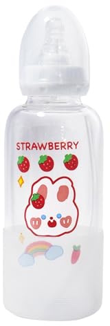 Biberon per adulti in vetro con tappo protettivo, simpatico stampato, senza BPA, in silicone, 300 ml, set con cannuccia Straw-Strawberry Bunny