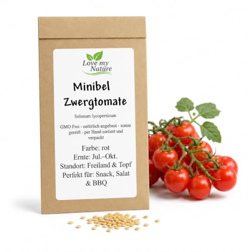 Minibel Tomatensamen – kompakte Balkontomate für Topf & Terrasse | kleine, süße Cocktailtomaten | alte, samenfeste Sorte aus Portugal | robuste, ertragreiche Zwergtomate – naturbelassen & handverpackt
