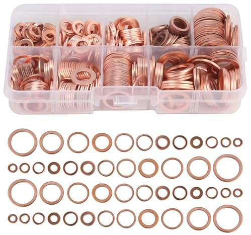 400 Stück Kupferringe Sortiment Set: Kupfer Dichtringe Unterlegscheiben in M5 M6 M8 M10 M12 M14 – Dichtringe Sortiment für Auto, Motorrad, Generatoren, Maschinen & Geräte