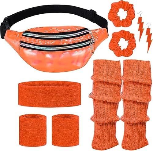 80er 90er Jahre Outfit Damen Accessoires, 80er Jahre Outfit Damen Set mit Gürteltasche, Stirnband, Armbänder, Beinstulpen, Ohrring, Haargummis, 90er Jahre Neon Party Outfit Accessoires für Karneval