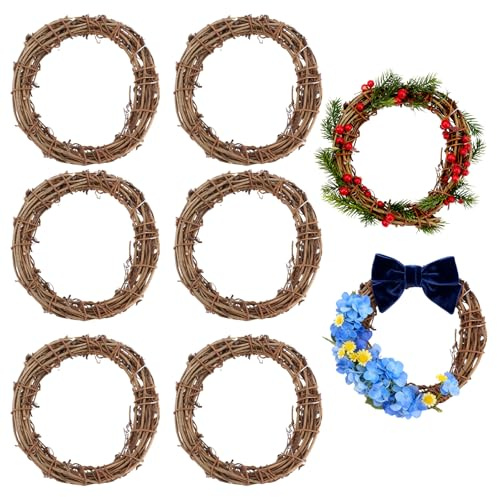 6 Pcs 4 Inch Natural Grapevine Wreaths, Hand-Woven Vine Branch Wreath, Rattan Wreath for DIY Crafts, Christmas Decorations, Home & Event Styling Party Wedding Decor