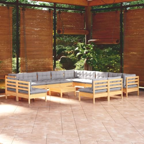 QJBSAVVA 14-TLG Garten-Lounge-Set Kiefer massiv 63,5x63,5 cm grau modular mit Stauraumtisch und Sitzpolstern Robustes Balkonmöbel für kleine Balkone Terrasse und Campingplatz