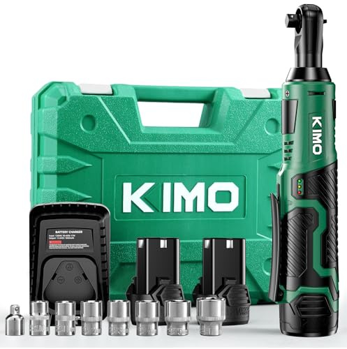 KIMO Cordless Electric Ratchet Wrench Set, 40Ft-lbs, 400RPM Cordless Ratchet Wrench 3/8 w/Variable Speed Trigger, 7Sockets, 1/4 Adapter, Forward/Reverse Switch, 12V Power Ratchet w/ 2x2.0Ah Battery