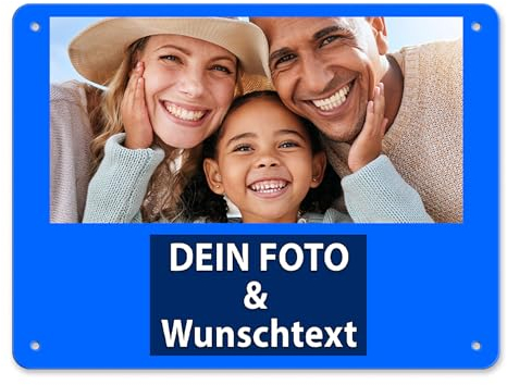 Tassendruck Blech-Schild mit Foto und Text selbst gestalten/Personalisierbar mit eigenem Bild als Metall-Poster / A5 (15x20cm) im Querformat/Blau