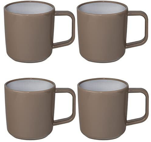 Lot de 4 tasses en mélamine - Antidérapantes - Couleurs élégantes - 350 ml - Marron et blanc - Vaisselle de camping pour personnes - Pique-nique - Camping en plein air