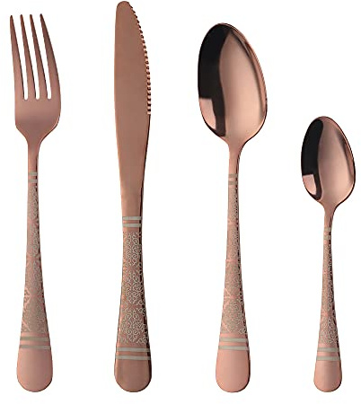 Cutlery Set, Buyer Star 16-Piece Stainless Steel Flatware Set, Laser Flower Pattern Tableware Silverware Set with Spoon Knife and Fork Set, Service for 4, Dishwasher Safe (Rose Gold)