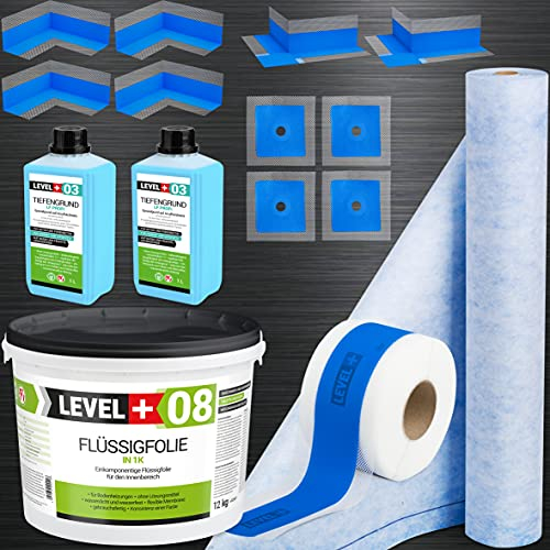 Dicht-Set 12Kg Flüssigfolie, 2m2 Dichtbahn, 20m Dichtband, 4 Innenecken, 2 Außenecke, 4 Wandmanschetten, 2L Tiefengrund, Dusche, Bad, Küche SET341