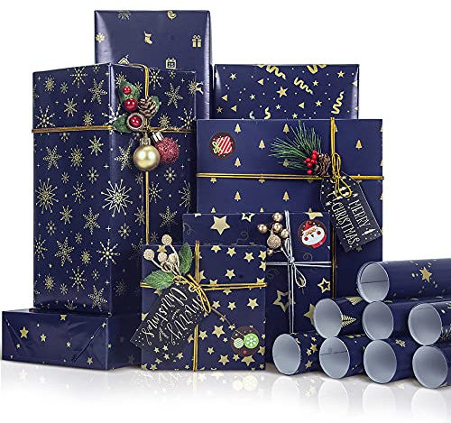 Larcenciel Weihnachten Geschenkpapier Set, Geschenkpapier + Aufkleber + Packseil, 8 Design 43x100CM Verpackt in Einer Rolle, Ruhiges Dunkelblaues Weihnachtspapier Geschenkverpackungen für Party