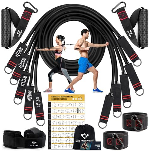 Resistance Bands Widerstandsbänder Set, 5 Fitnessbänder Expander Tube Bands, Fitnessband mit Großem Griff Knöchelriemen Türankerbefestigung Tragtasche, Ideal für Pilates Krafttraining