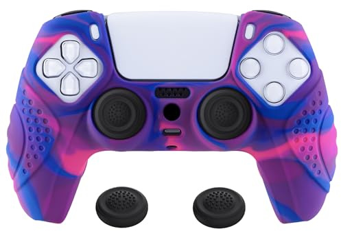 eXtremeRate PlayVital Guardian Edition Ergonomic Soft Anti-Slip Controller Silicone Case Cover for ps5, Rubber Protector Skins with Black Joystick Caps for ps5 Controller - Pink & Purple & Blue