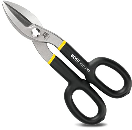 B BOSI TOOLS 8 Inch Straight Pattern Tin Snips Metal Cutters, High Strength Forged and Heat Treated Carbon Steel with Comfortable Black Rubber Handle