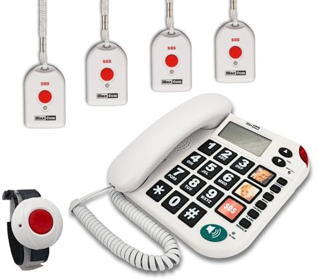 G-TELWARE MAXCOM KXT481SOS 2023-2024er Modell Haus Notruf Seniorentelefon mit Funk-SOS-Sender, Festnetztelefon - 1 Armbandsender + 4 Handsender mit Schlaufe, Carbonschwarz, Standard