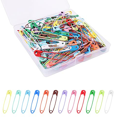 KINBOM 100st 55mm Stora Säkerhetsnålar, Diverse Safety Pins med Plastfodral Rostfritt Stål Färgglada Säkerhetsnålar för Kläder Sömnad Smycken Hantverk DIY (Flerfärgad)