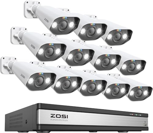 ZOSI 16CH 4K NVR 5MP PoE CCTV Camera System, H.265+ 8MP NVR with 4TB Hard Drive, 12pcs 5MP Outdoor PoE IP Cameras, Color Night Vision, 2-Way Audio, Light and Sound Alarm, Human Vehicle Detection