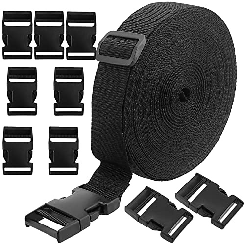 PINGEUI 20 m x 1,5 cm cinturino in nylon nero, cinturino in nylon con 11 set di fibbie a rilascio laterale piatto e scivoli Tri-Glide, cinghia in nylon pesante per bagagli e zaino