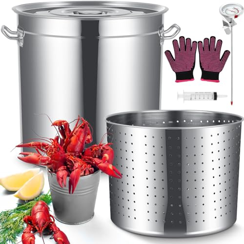 Geetery Marmite à fruits de mer en acier inoxydable avec panier, marmite avec passoire, friteuse, crabe, écrevisse, homard, pot d'ébullition avec thermomètre injecteur et kit de gants résistants aux