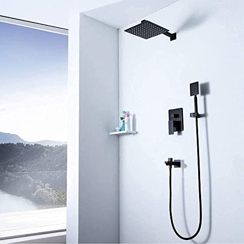 Alcachofa de ducha Empotrada en la pared Cuadrado negro Juego de ducha de 25 cm Booster Top Spray Grifo de ducha de cobre Sistema de ducha 3 modos Decoration