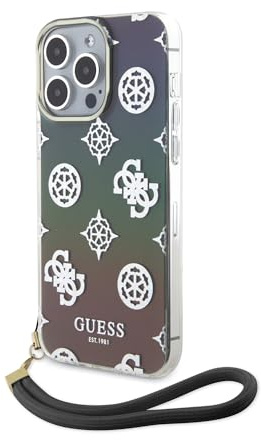 CG MOBILE Guess Coque de téléphone pour iPhone 15 Pro en IML irisé avec cordon noir, anti-rayures, confortable et durable, avec ports accessibles, absorption des chocs
