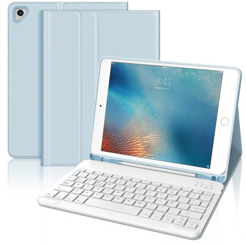 JADEMALL Funda con Teclado para iPad 6a Generación 9.7, Teclado Bluetooth Desmontable con Funda y Portalápices para iPad 6a Gen 2018/5a Gen 2017/iPad Pro 9.7 2016/iPad Air 2/iPad Air 1, Azul Claro