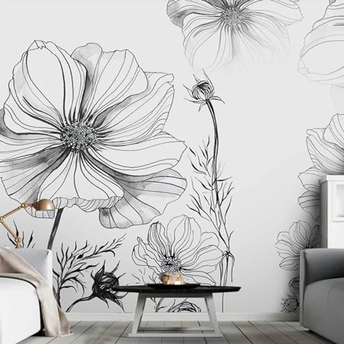 KoKoty Papier Peint Soie Panoramique Fleurs de croquis noir et blanc dessinées à la main-300 x 250 cm-XXL illusion d'optique Papier peint Déco Mural Tableaux Muraux Photo