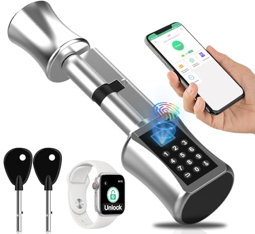 Anweller Cerradura electrónica para puerta, cerradura de puerta con huella digital, cerradura de cilindro de 60 mm (30/40) con código numérico y aplicación Bluetooth, cerradura inteligente para puerta