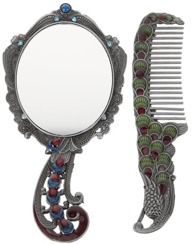 minkissy 2stücke Teiliges Tragbarer Vintage-Peacock Handspiegel Mit Kamm Schminkspiegel Für Unterwegs Für Partys Reisen Und Picknicks Klare Praktische