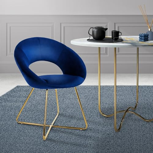 ML-Design Esszimmerstuhl aus Samt, Blau, Wohnzimmerstuhl mit runder Rückenlehne, Polsterstuhl mit goldene Metallbeine, Ergonomische Sessel für Esstisch, Küchenstuhl, Schalenstuhl, Schminktisch Stuhl