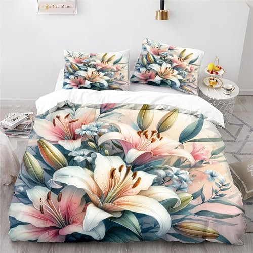 Bettbezug Bettwäsche Set, Pflanze Blumen Lilie Drucken Rosa Bettwäsche-Set 135x200cm Erwachsener Teenager Kinder Deluxe Mikrofaser Weiche Bettbezug mit 2 Kissenbezüge