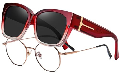 KANASTAL Rossi Occhiali da Sole Neri Polarizzati Donna Sovraocchiali UV400 Uomo Montatura Rosse Sovrapponibili Scuri Quadrati Vintage Retro Alla Moda Red Sunglasses over Glasses -Rossa Nero