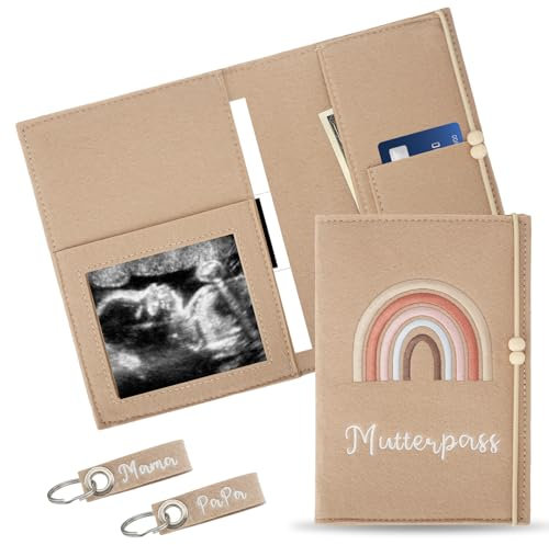 Handgefertigte Deutschen Mutterpasshülle Filz, Mutterpasshülle aus Filz mit 2 Schlüsselanhängern, Schwangerschaft Tagebuch Tasche, Mutterpasshülle mit Fächern für Schwangerinen Zukunftige Mütter