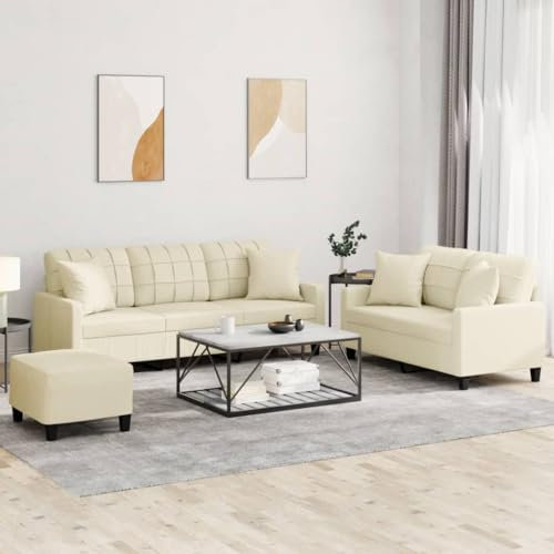 Willood 2 Sitzer + 3 Sitzer + Fußhocker Sofa mit Kissen Couch Loungesofa Sofagarnitur Kunstleder Creme