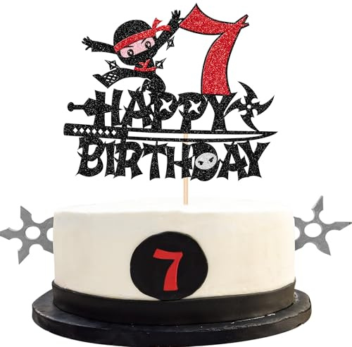 1 Pack Ninja Happy 7th Birthday Topper Black Glitter Martial Arts Kung Fu Warriors Cake Decoration for Theme Party Supplies