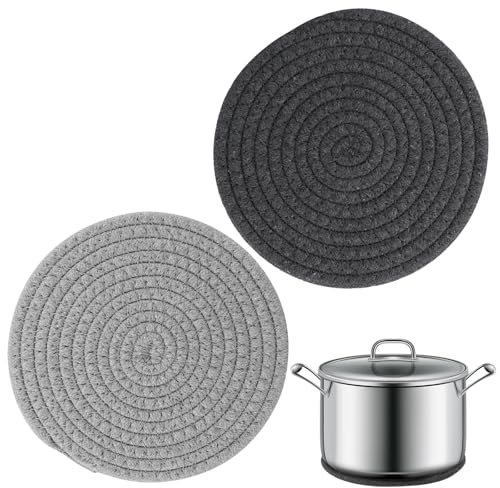 2 Stück Topfuntersetzer 18cm Durchmesser Baumwolle Faden Weben Matte rund hitzebeständig Untersetzer Topf Tischschoner Unterlage für Töpfe, Pfannen, Kanne und Teller (Dunkelgrau + Hellgrau)