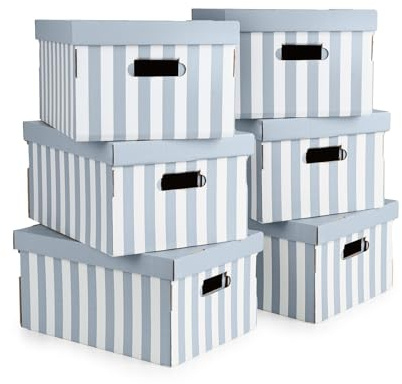 Compactor Set Med 6 Förvaringslådor I Kartong För Skjortor, Blå Och Vita Ränder, Slät Lock, Rektangulärt Format, 40 X 31 X H 21 Cm, Tillverkade I Frankrike, Kontor, Omklädningsrum, Vardagsrum