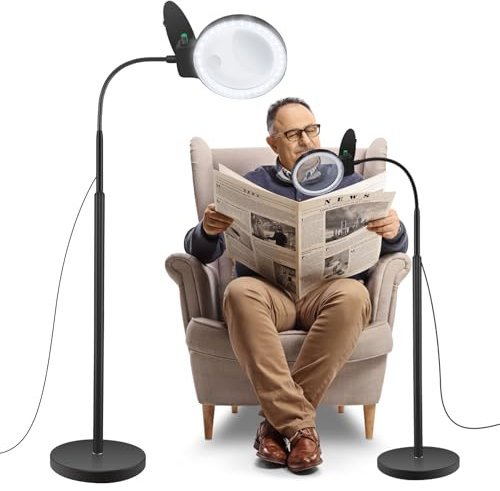 Floor Mounted Magnifying Glass-5X Glass with Light and Stand, LED 5 Color Modes, Stepless Dimmable Lamp, Adjustable Swing Arm Lighted Magnifier Lamp for Craft, Esthetic, Black Ground Round