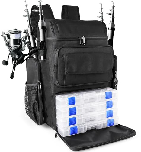 YOLIBON Fishing Tackle Backpack With Rod Holders, 45L Large Tackle Bag & Fishing Tackle Backpack for Fishing, Camping, Hiking,Black