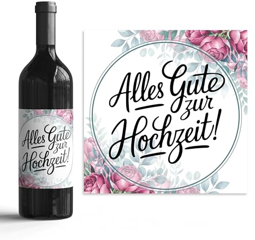 Flaschenetiketten zur Hochzeit – Alles Gute zur Hochzeit – 6 Aufkleber mit roten Rosen Design – Geschenkidee für Brautpaar & Gäste – Hochzeitsdeko selbstklebend (Rosen rot / 024)