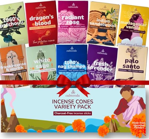 CALMVEDA Organic Incense Cones Scented - (120 Cone Incenses, 10 Variants) Clean No Charcoal Incense, Made from Upcycled Flowers | Palo Santo, Frankincense, Nag Champa Cones, etc. (with Holder)