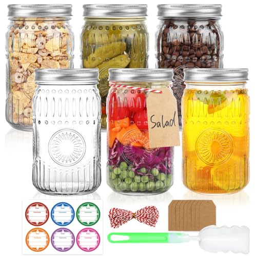 HINGWAH Wide Mouth Mason Jars 32 oz, 6 Pack Large Quart Mason Jars with Airtight Lids and Bands, Clear Glass Canning Jars for Preserving, Pickling, Fermenting, Meal Prep & DIY Crafts (Sunflower)