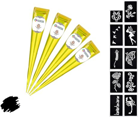 4 x FADEDA Henna Cones | 4 x 25 g Natural Paste | Black | 10 Different Sticker Stencils | 100% Vegetable | Ready to Use & without PPD