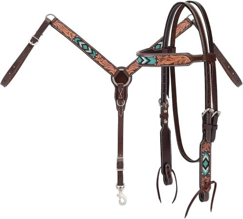 EQUIEMPRESS Western-Leder-Set mit handgefertigtem Kopfstück und Vorderzeug mit Zügeln. /Size-Full,Cob,Pony AZ-20 (Pony)