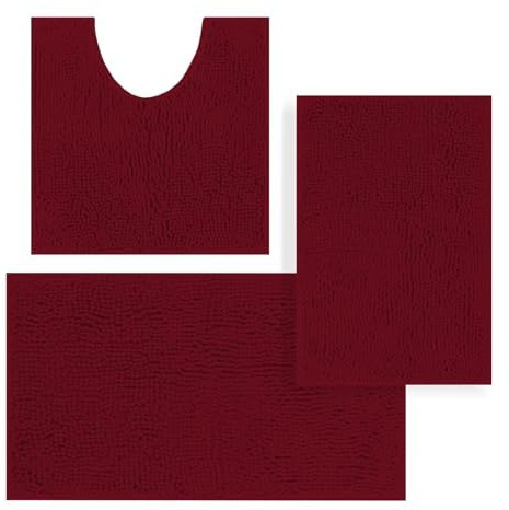 placeroom Badezimmermatten-Set, 3-teilig, Bad- und WC-Vorleger-Set, ultraweich, Chenille, rutschfest, Badematten-Set, waschbar, super saugfähig, rot