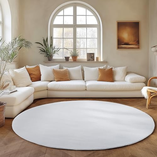 SIMPEX Runder Teppich Weiss 160 cm Waschbarer Kurzflor Teppich, rund, rutschfest & weich, modernes einfarbiges Design für Wohnzimmer, Schlafzimmer, Küche & Kinderzimmer.