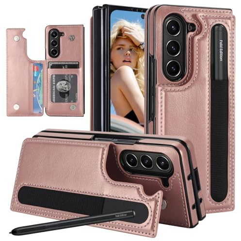 Ysnzaq for Samsung Galaxy Z Fold 7 Wallet Case w/S Pen Holder BC Rose Gold | Premium PU Leather Flip Kickstand Shockproof Protective Cover with Magnetic Closure & Card Holder for Samsung Z Fold7
