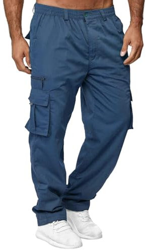 Herren Outdoorhose Herrenhose mit Ganzjahrespassform, lässig, einfarbig, mit Taschen, modische Overalls, Strand, gerades Bein, Fitness, Sporthosen mit Taschen Paintball Kleidung (Blue, L)