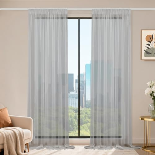 Runyéla Stores Gardinen mit Kräuselband 2er Set, Voile Schiebegardinen 245 x 140 (HxB), Transparent Gardine, Vorhang Grau, Vorhänge für Wohnzimmer Schlafzimmer Sheer Curtain