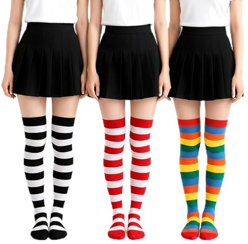 OIXEYA 3 Paia Calze da Donna Sopra il Ginocchio Calzini da Ginocchio a Righe, Calzini Lunghi Calzettoni Cotone di Coscia Calze Stivali per Ragazze Donna