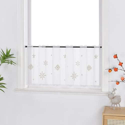 Joyswahl Scheibengardinen Weihnachten Bistrogardine Weiß Kurzstores Küchengardinen Weihnachtsdeko Kurze Gardinen Vorhang Küche Gold HxB 45x140 cm 1er Pack